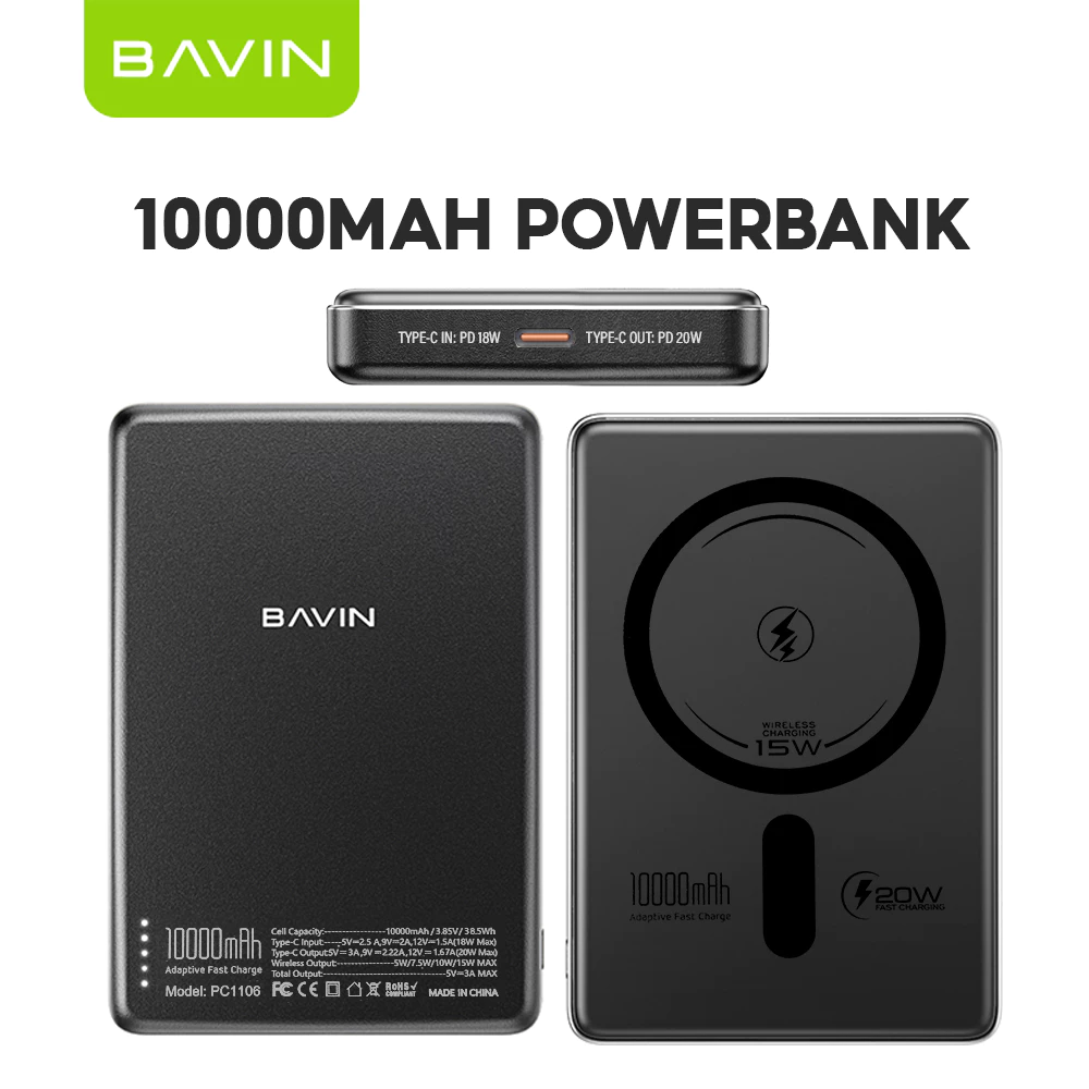 BAVIN PC1095 / PC1106 10000mAh 15W Ultra Thin Fast Charging Wireless Powerbank w/ Free Magnetic Ring