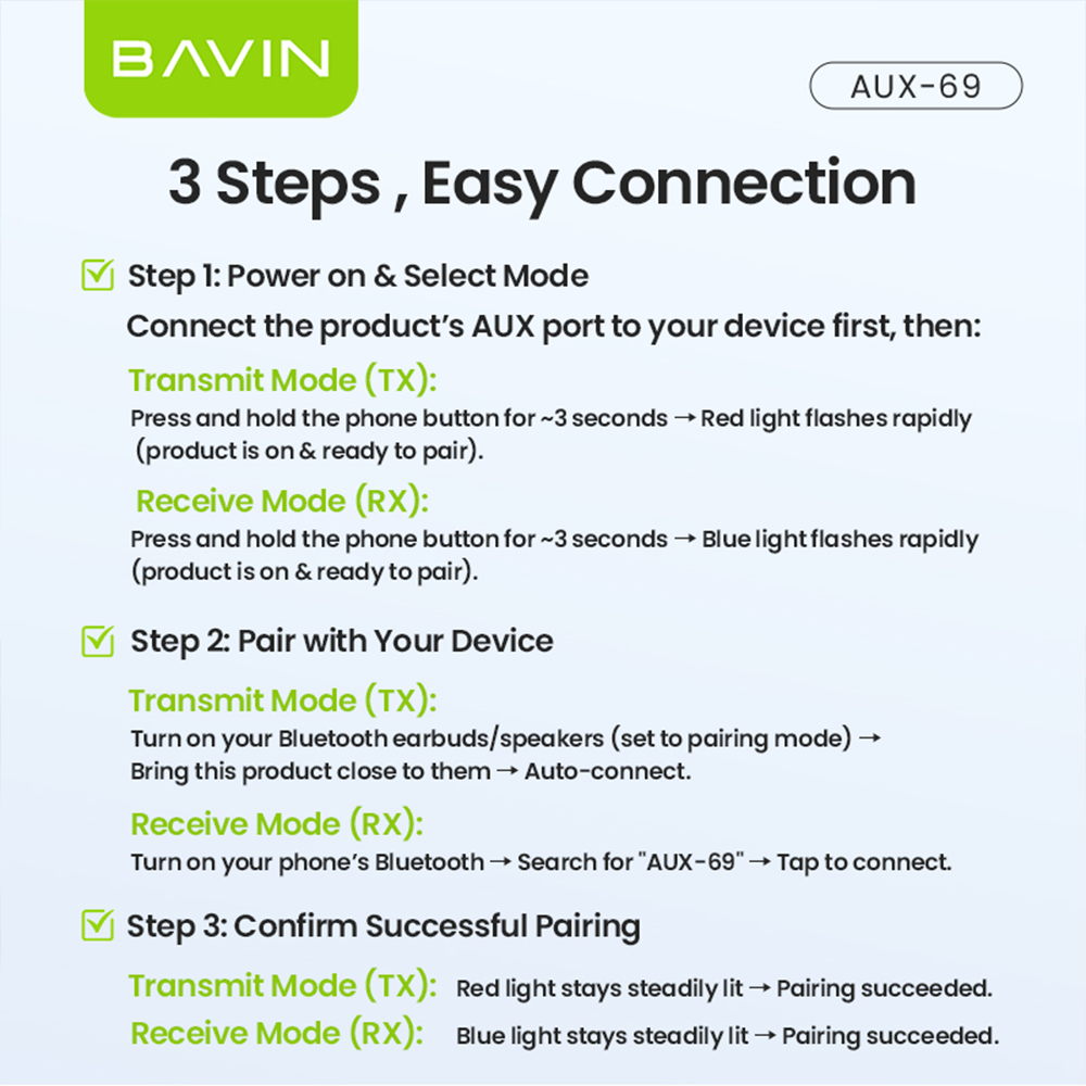 BAVIN AUX69 Hi-Fi Bluetooth 5.3 Wireless Audio Receiver Adapter w/ Built in Mic & 3.5mm AUX Jack for Car & Home Audio