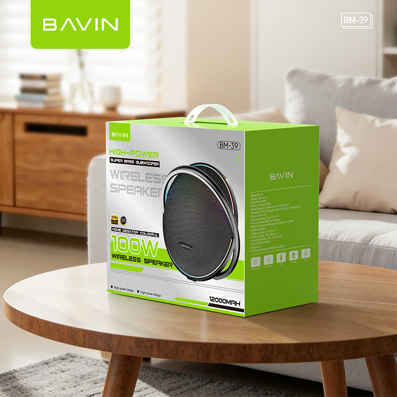 BAVIN BM39 100W Powerful Bass Portable Outdoor Bluetooth Speaker W/RGB & 12000mAh Powerbank Function