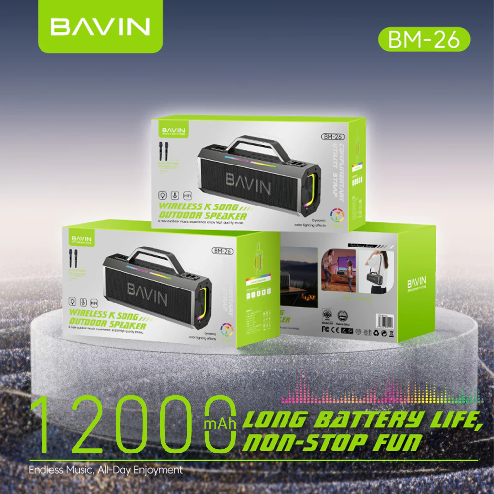 BAVIN BM26 Outdoor Bluetooth Speaker Splash-Proof & Durable with 2 Wireless Microphones