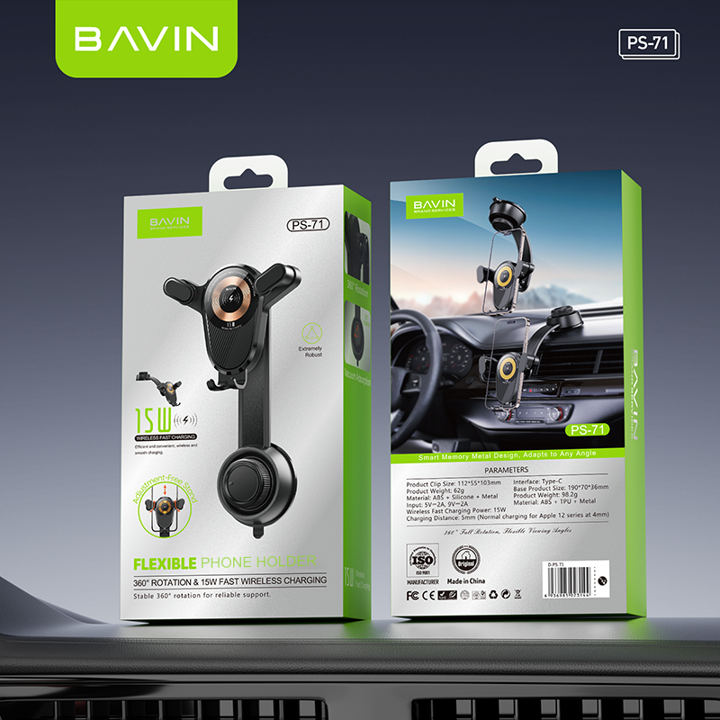BAVIN D-S-PS71 Flexible Car Phone Holder w/ 15W Wireless Fast Charging