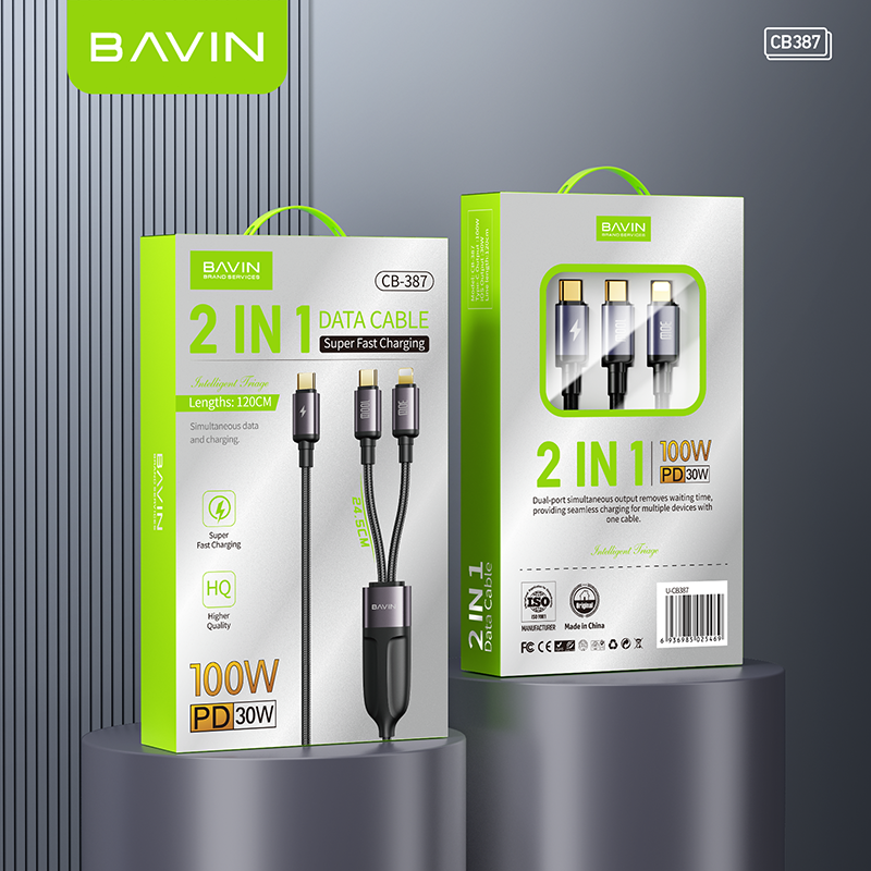 BAVIN CB387 100W 2 in 1 Fast Charging Cable Type-C to Type-C & iPhone w/ 1.2m Nylon Braided Cord for Laptop & Smartphones