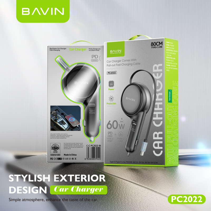BAVIN C-C-PC2023 30W 2-in-1 Car Charger w/ Retractable 80cm Cable (Type-C/iPhone)