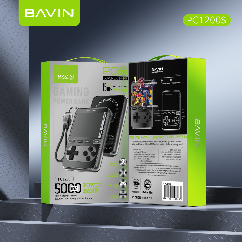 BAVIN Y-PC1200S 5000mAh Mini Portable Retro Game Console Powerbank Magnetic Wireless w/ Dual Type-C Cable + Memory Card