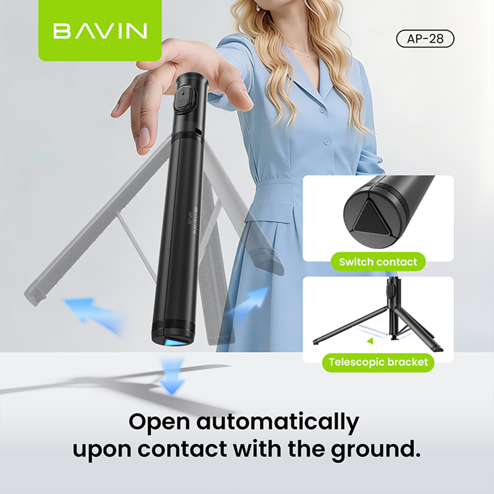 BAVIN P28 Multifunctional Bluetooth Selfie Stick w/ Wireless Remote, Adjustable Phone Stand, Portable Travel Tripod for Smartphones