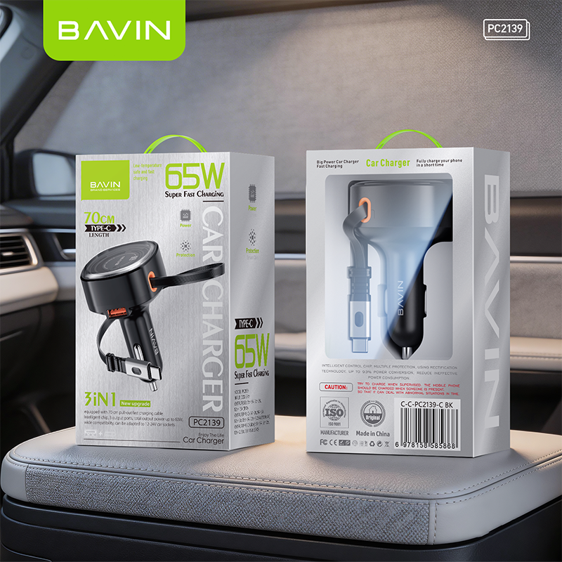 BAVIN PC2139 3-in-1 65W PD Fast Charge Car Charger Built-in Retractable Type-C Cable for Phone/ Laptop