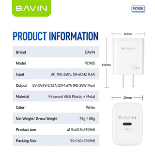BAVIN PC905 / PC902 PD20W+QC3.0 Fast Charging Charger Adapter Dual Port USB and USB-C Port