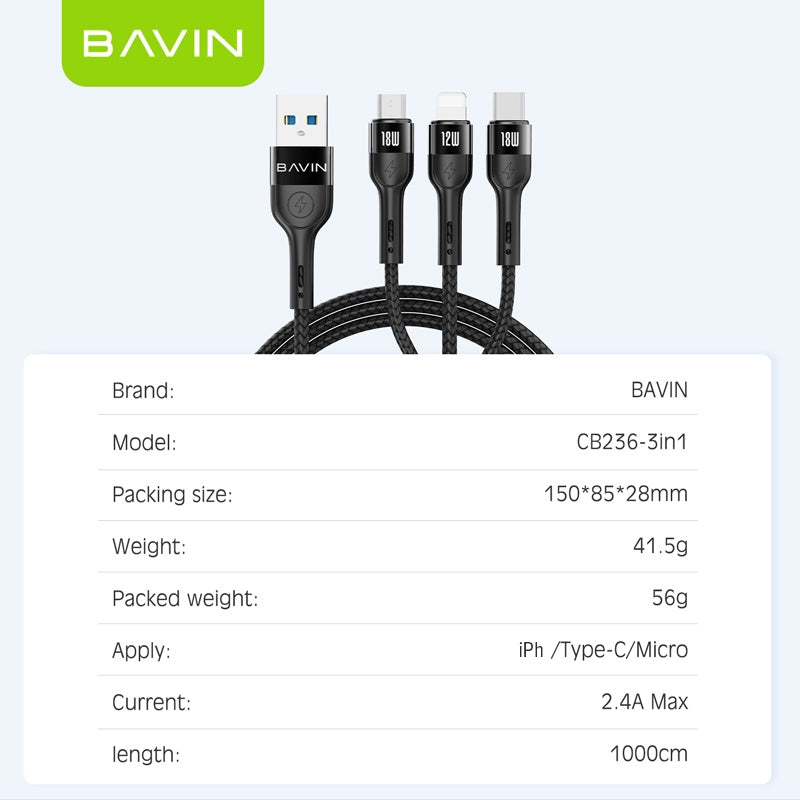 BAVIN U-CB236-3 3in1 Fast Charging Braided Cable, 18W High Density Safe Compatible w/ Micro iPhone & Type-C w/Free Bear Organizer
