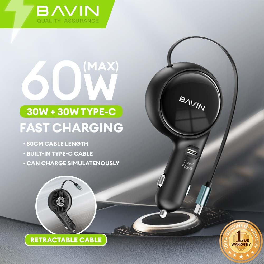 BAVIN C-C-PC2023 30W 2-in-1 Car Charger w/ Retractable 80cm Cable (Type-C/iPhone)