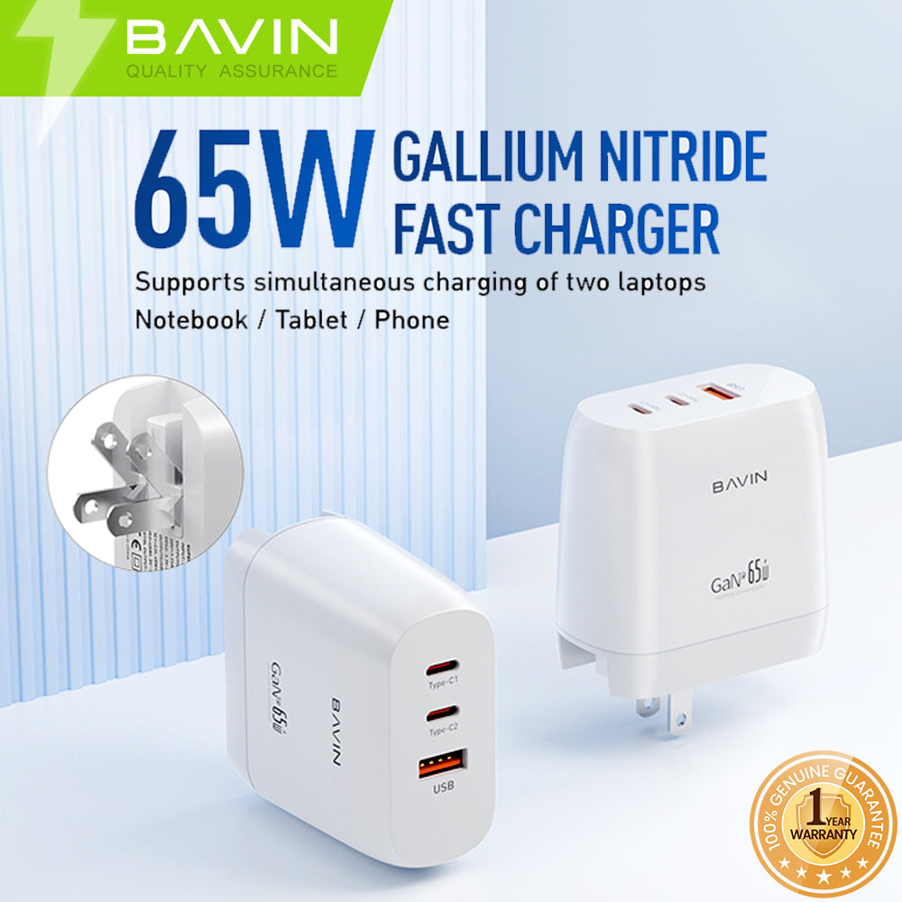 BAVIN C-PC865 65W GaN Fast Charger w/ Dual USB-C & USB Port