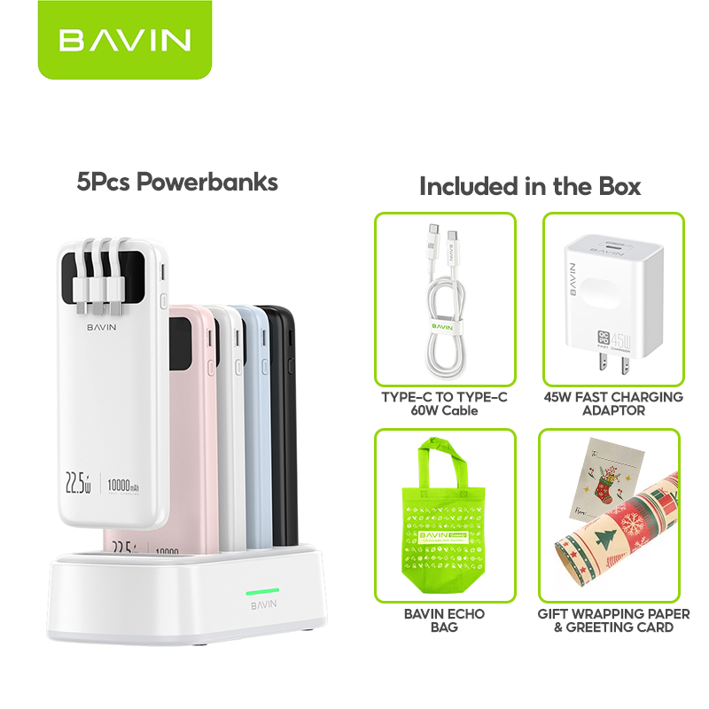 ( Christmas Gift ) BAVIN PC1202 10000mAh 5-in-1 Home Powerbank Set 22.5W Fast Charging w/ 45W PD Adapter + 60W Cable