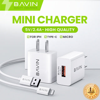 BAVIN C-PC516 2.4A Mini Wall Charger + 1m Cable Smart 5.0 Chip Universal USB Adapter for iPh Micro Type-C Phones & Tablet