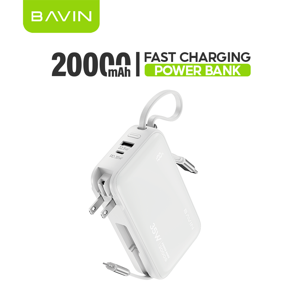 BAVIN PC1215 2-in-1 10000mAh/20000mAh 35W PD Fast Charging Powerbank w/ Built-in Dual Cables + AC Plug