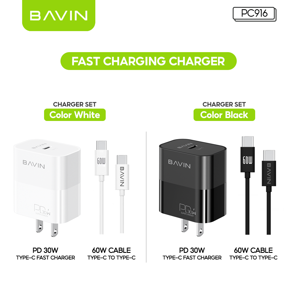 BAVIN C-PC916-XX 30W PD Fast Charger w/ Type-C & iPhone Cables