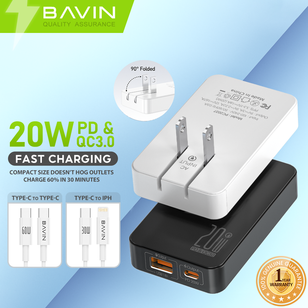 BAVIN C-PC2028-XX 20W Ultra-Slim Fast Charger w/ QC3.0, Dual USB & Type-C, Bendable AC Plug