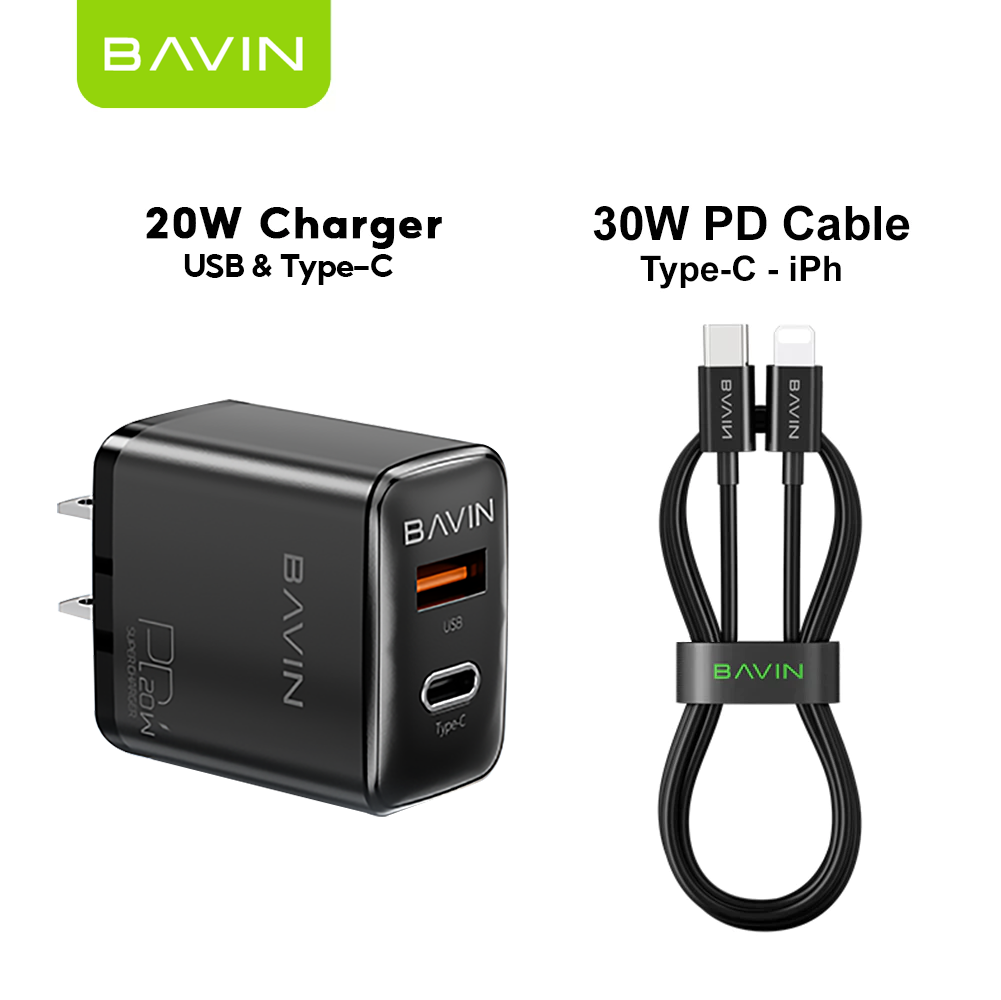 BAVIN C-PC2003 PD 20W Dual Port Fast Charger USB & Type-C w/ High-Speed USB-C Cable for iPh & Android