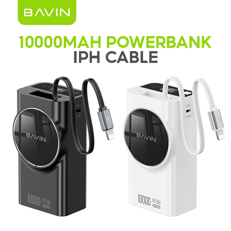 BAVIN Y-PC1121 10000mAh 30W Fast Charging Powerbank w/ Retractable Cable for Type-C / iPhone