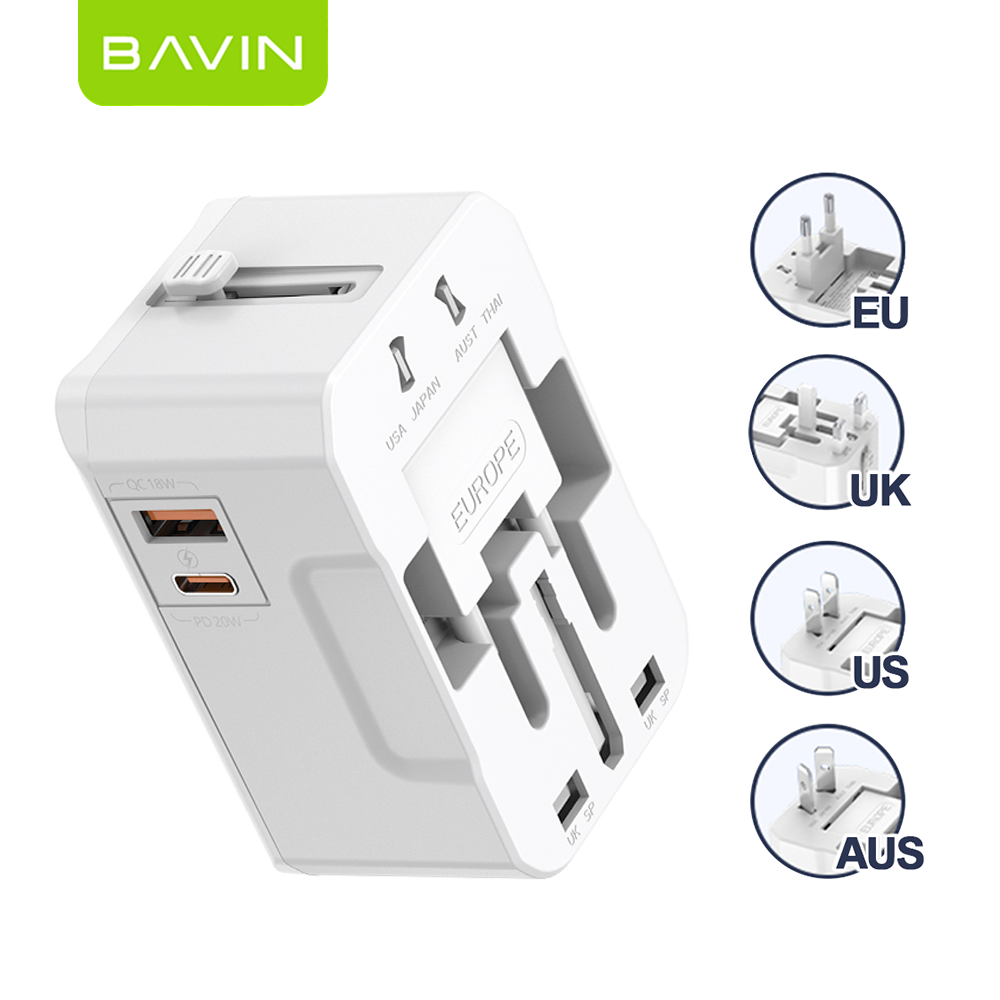 BAVIN PC2111 Universal Travel Adapter 20W Fast Charger USB-A + Type-C + QC | Multi-Port Plug w/LED Light