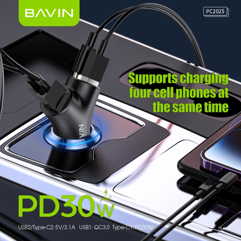 BAVIN C-C-PC2025 30W PD Fast Car Charger w/ 4 Ports (Dual USB & Type-C)