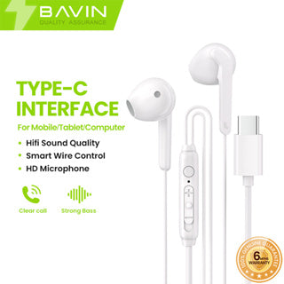 BAVIN H-C-HX868 / H-C-HX867 HiFi Audio Stereo Sound Wired Controller Earphone for Type-C Phones Tablet Laptop