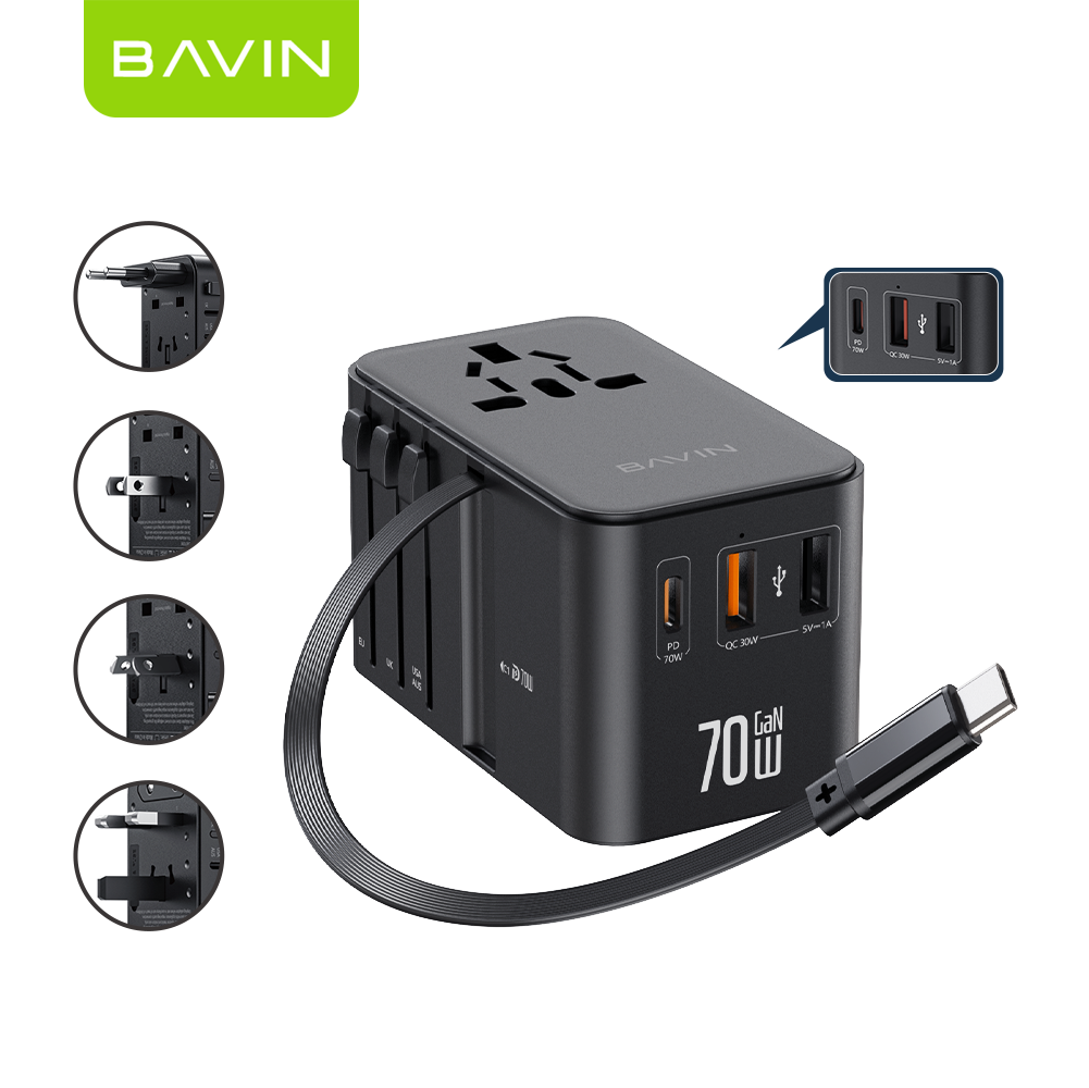 BAVIN C-PC2081 70W GaN Charging Adapter for Universal Plug & Multi-Port Charger w/ Retractable Type-C