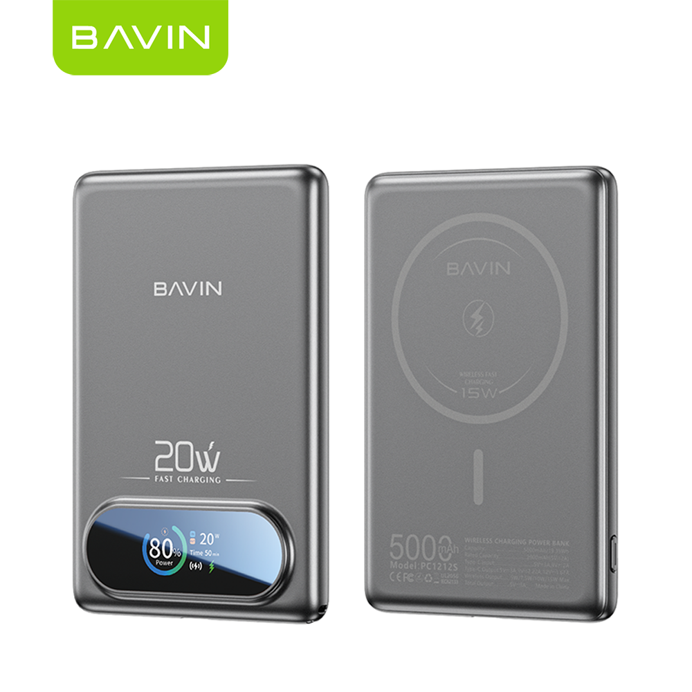BAVIN PC1212 5000mAh 15W Fast Charging Magnetic Powerbank w/Smart TFT Display+Ultra Thin for iPhone 15-17