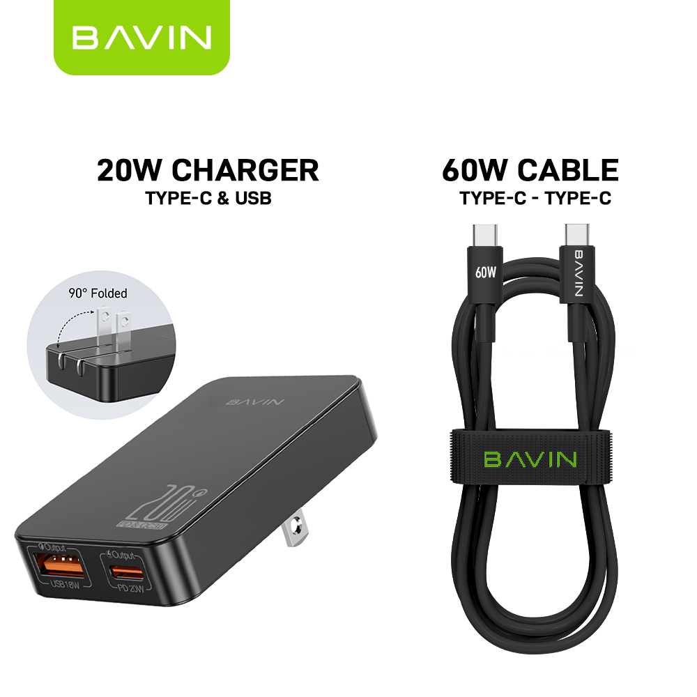 BAVIN C-PC2028-XX 20W Ultra-Slim Fast Charger w/ QC3.0, Dual USB & Type-C, Bendable AC Plug