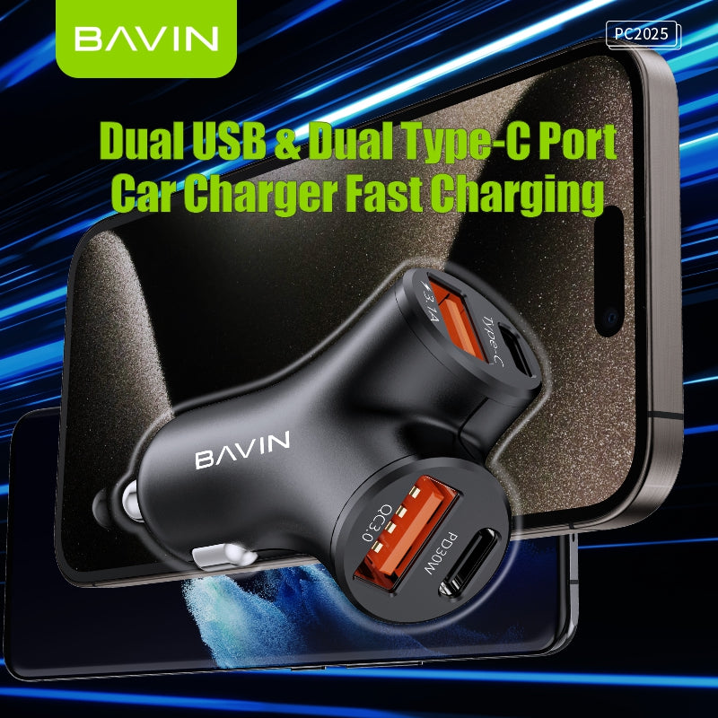BAVIN C-C-PC2025 30W PD Fast Car Charger w/ 4 Ports (Dual USB & Type-C)