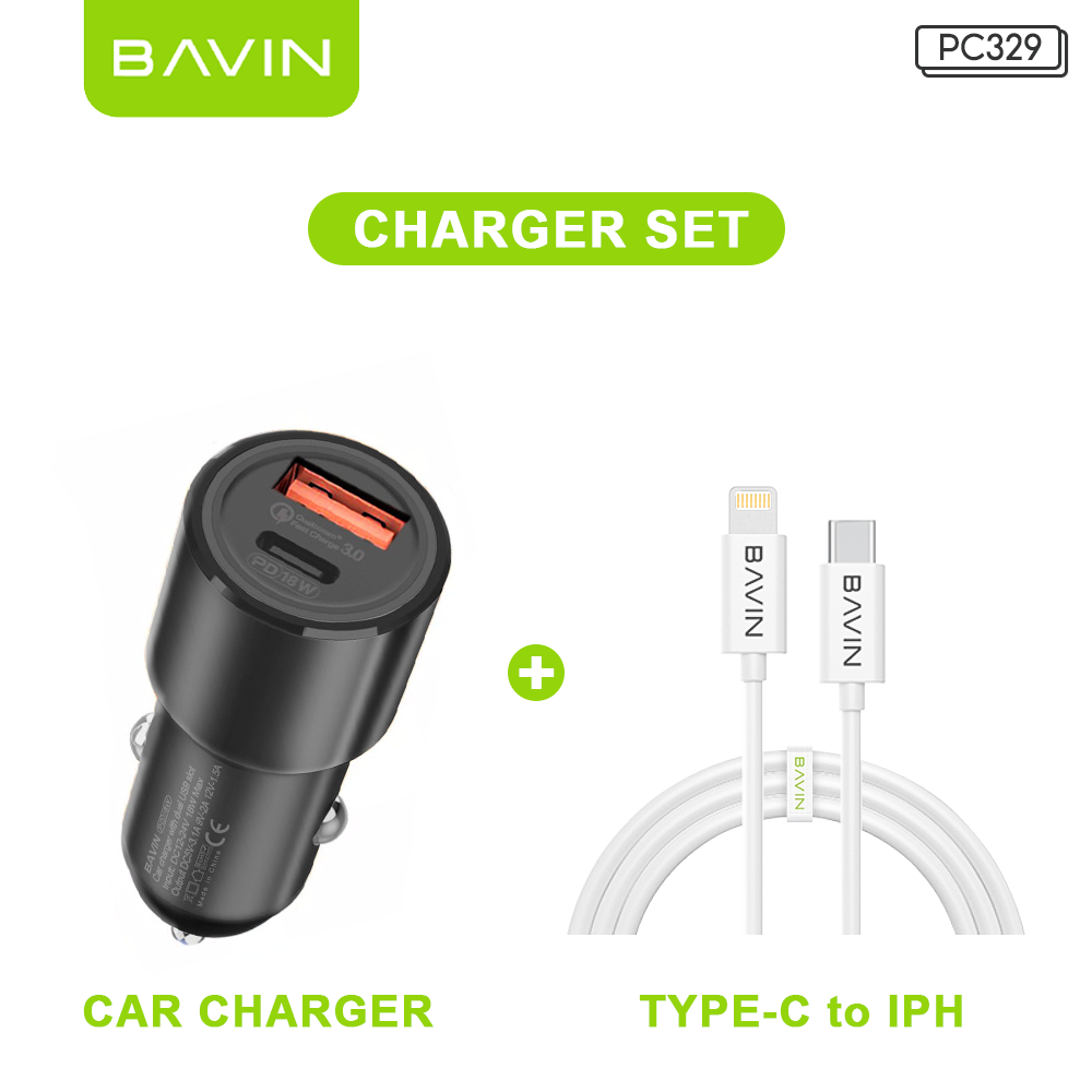 BAVIN PC329 36W Max PD Type-C + USB QC.30 Dual Port Fast Car Charger Set w/ 1m Cable Suitable for Android & iPhone 17