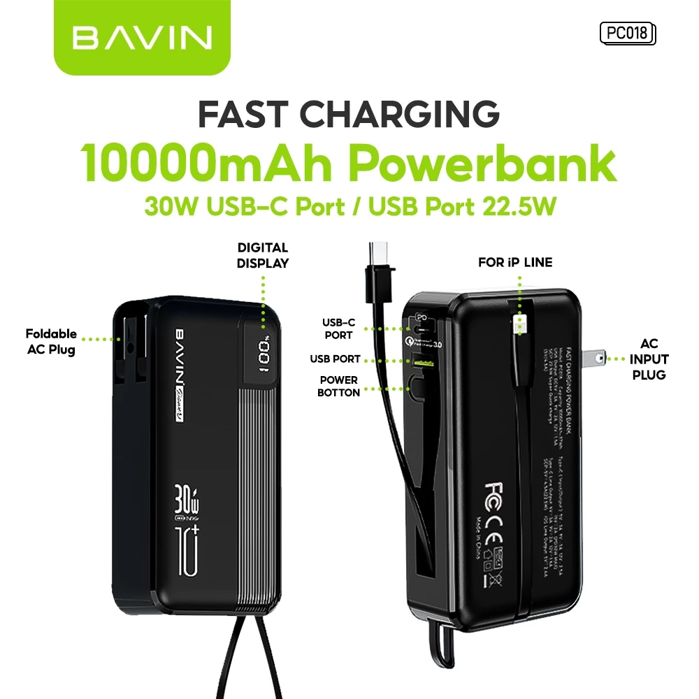 BAVIN PC018 10000mAh 30W Fast Charging Power Bank Built-in Type-C / iPhone Cable & Plug for iPhone 17