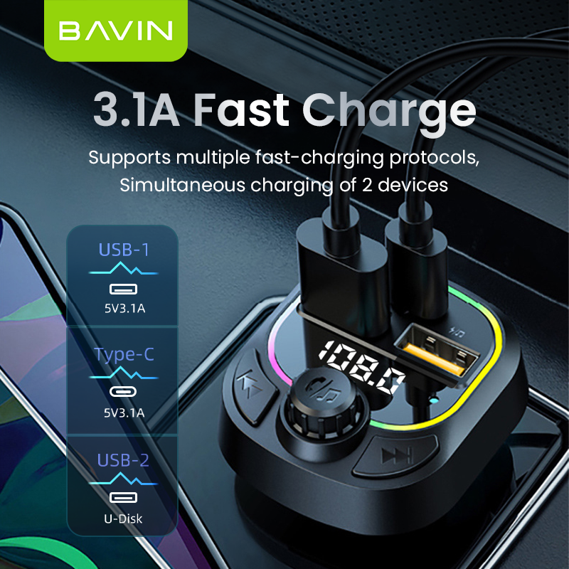 BAVIN C-C-PC2013 3-in-1 Car Charger & Bluetooth MP3 Player w/ Fast Charge & RGB Lighting