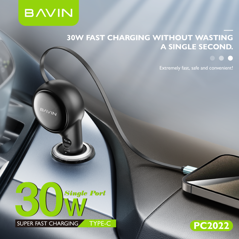 BAVIN C-C-PC2023 30W 2-in-1 Car Charger w/ Retractable 80cm Cable (Type-C/iPhone)