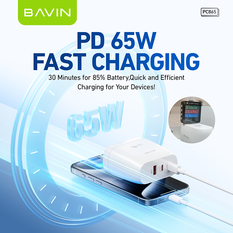 BAVIN C-PC865 65W GaN Fast Charger w/ Dual USB-C & USB Port