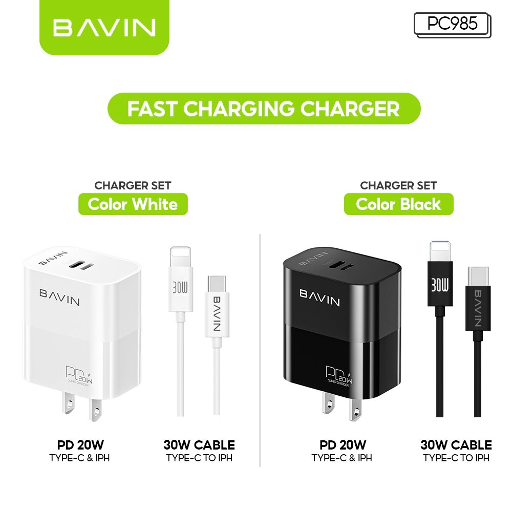 BAVIN C-PC985-XX 20W PD Fast Charger Dual Port Type-C & iPhone High-Speed Charging+Cable