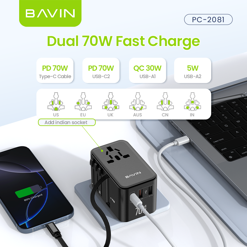 BAVIN C-PC2081 70W GaN Charging Adapter for Universal Plug & Multi-Port Charger w/ Retractable Type-C