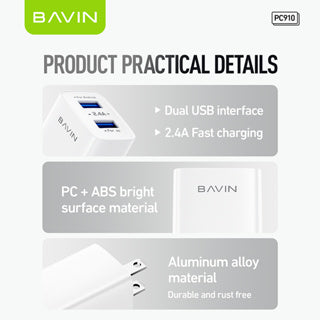 BAVIN C-PC910 2.4A USB Wall Charger w/ 1m Cable