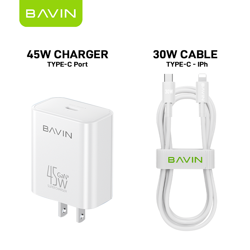 BAVIN PC2066 45W GaN PD Fast Charger w/ Type-C to iPh & Type-C to Type-C Cables for Smartphones (Supports iPh17 Series)
