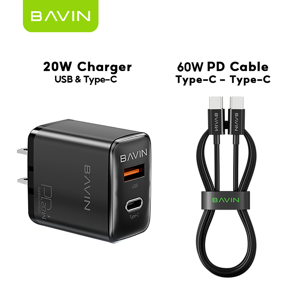 BAVIN PC2003 PD 20W Dual Port Fast Charger USB & Type-C w/ High-Speed USB-C Cable for iPhone & Android