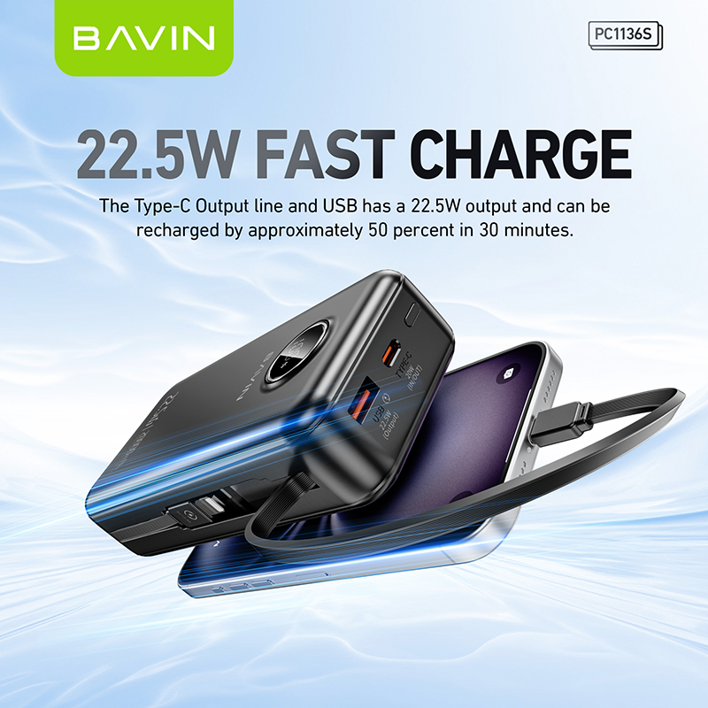 BAVIN Y-PC1122 10000mAh Fast Charging Powerbank w/ Retractable Cable