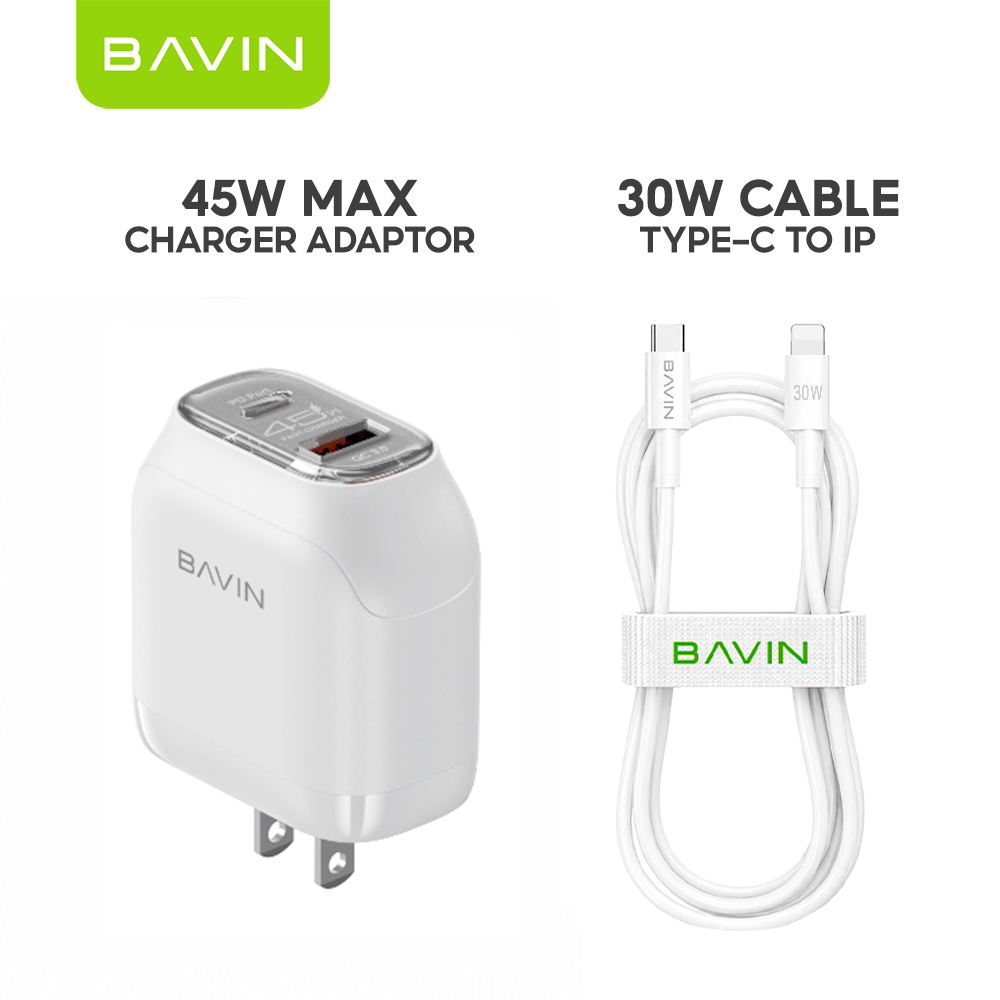 BAVIN PC2165 45W PD QC3.0 USB-C+22.5W USB Fast Charging Charger w/ 1M Cable for iPh 17/Android/Laptop