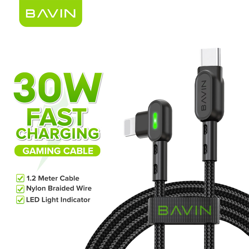 BAVIN U-CB258-XX 60W - 12W Fast Charging LED Light Gaming Data Cable 90° Angle Nylon Braided 1.2 Meters