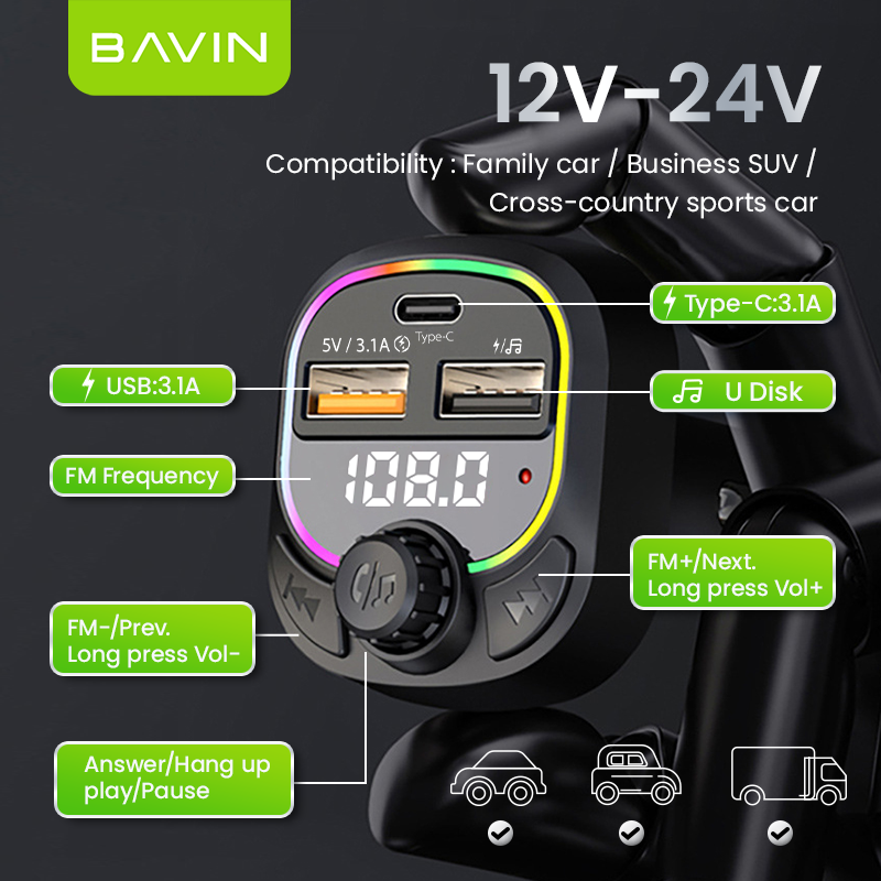 BAVIN C-C-PC2013 3-in-1 Car Charger & Bluetooth MP3 Player w/ Fast Charge & RGB Lighting