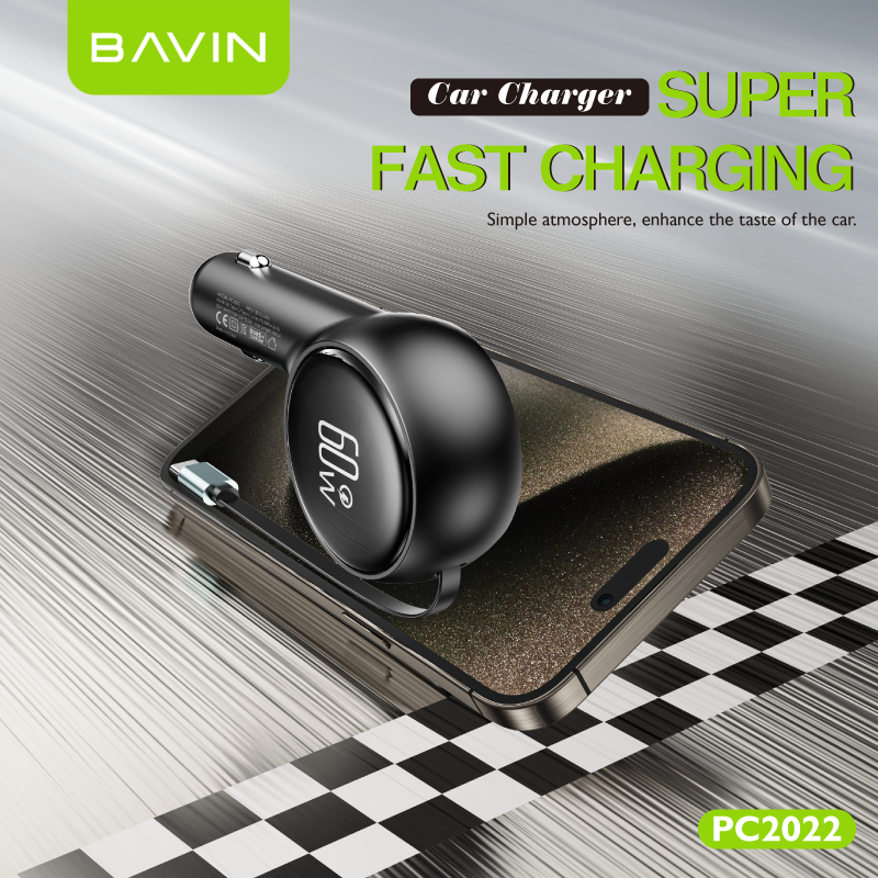 BAVIN C-C-PC2023 30W 2-in-1 Car Charger w/ Retractable 80cm Cable (Type-C/iPhone)