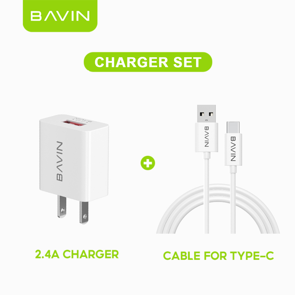 BAVIN C-PC516 2.4A Mini Wall Charger + 1m Cable Smart 5.0 Chip Universal USB Adapter for iPh Micro Type-C Phones & Tablet