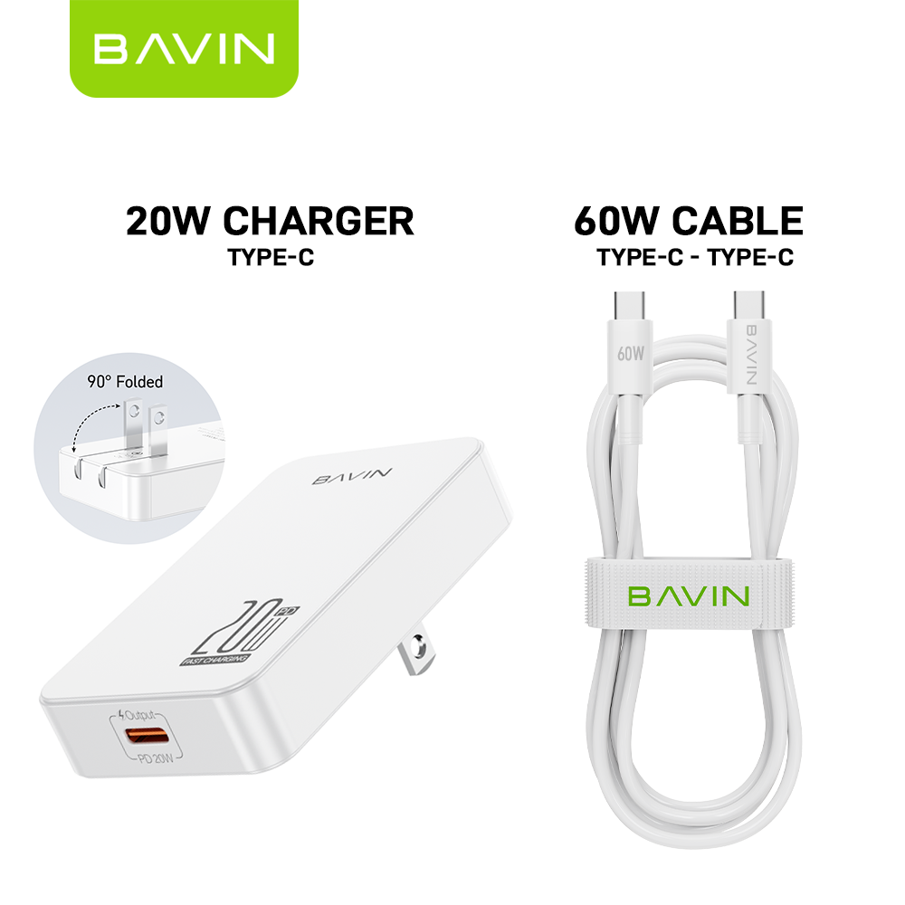 BAVIN C-PC2027-XX 20W Ultra-Slim USB-C Fast Charger w/ Foldable AC Plug & iPhone16 Cable
