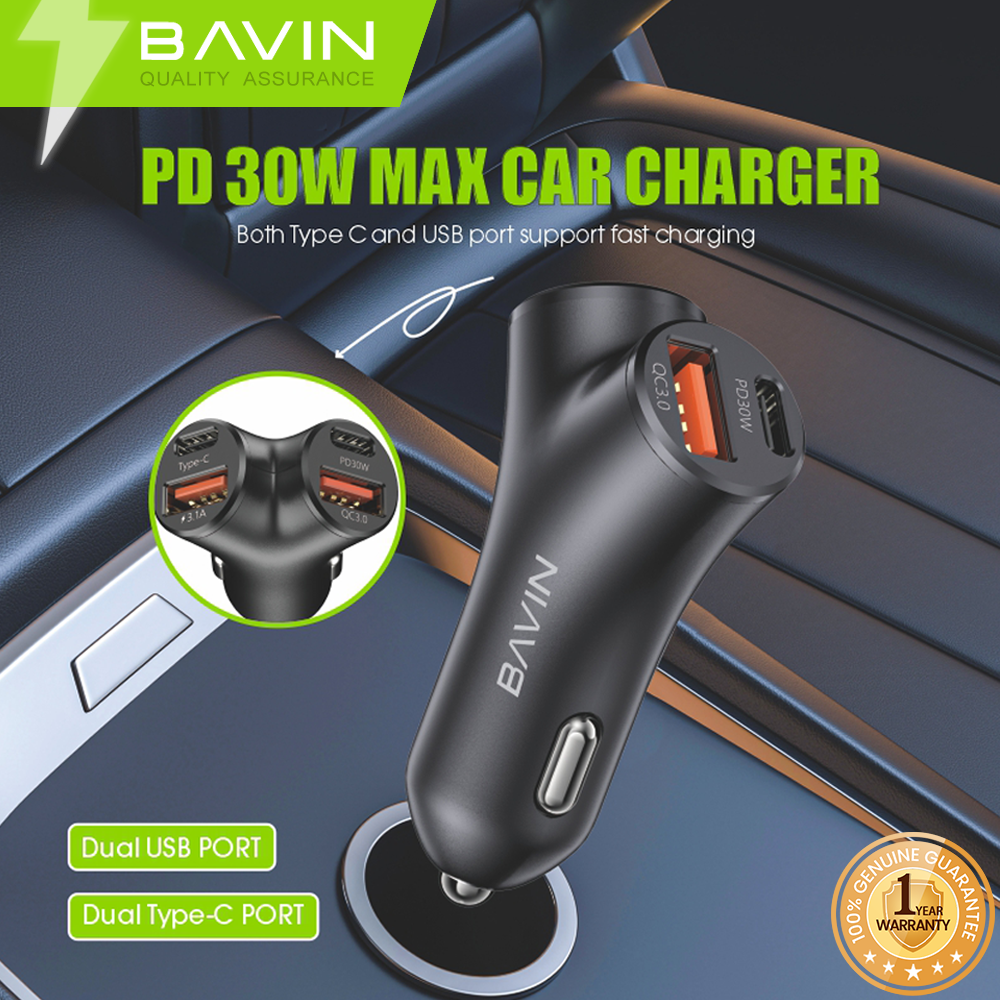 BAVIN C-C-PC2025 30W PD Fast Car Charger w/ 4 Ports (Dual USB & Type-C)