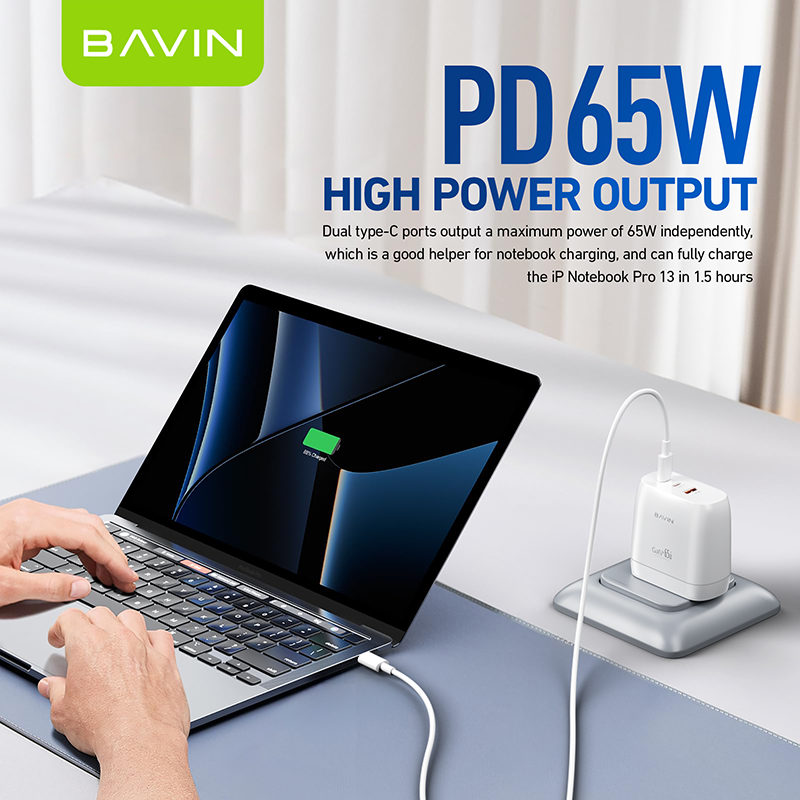 BAVIN C-PC865 65W GaN Fast Charger w/ Dual USB-C & USB Port