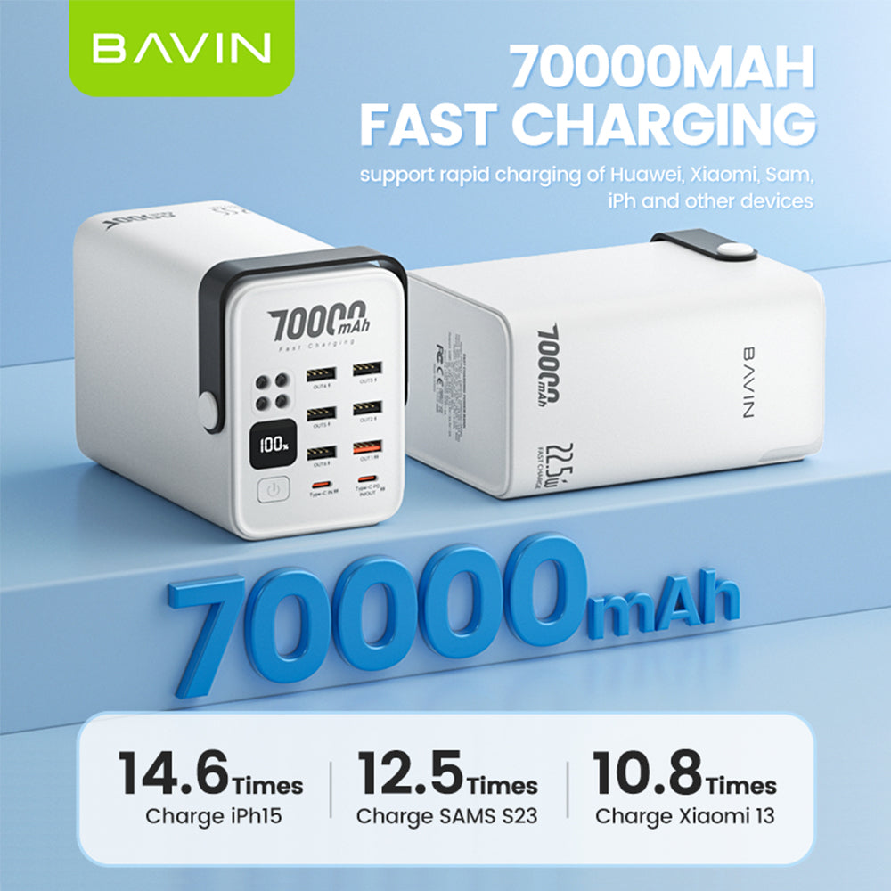 BAVIN Y-PC1062 70000mAh QC 3.0+PD 20W Powerbank w/ 6 USB & 2 Type-C Ports