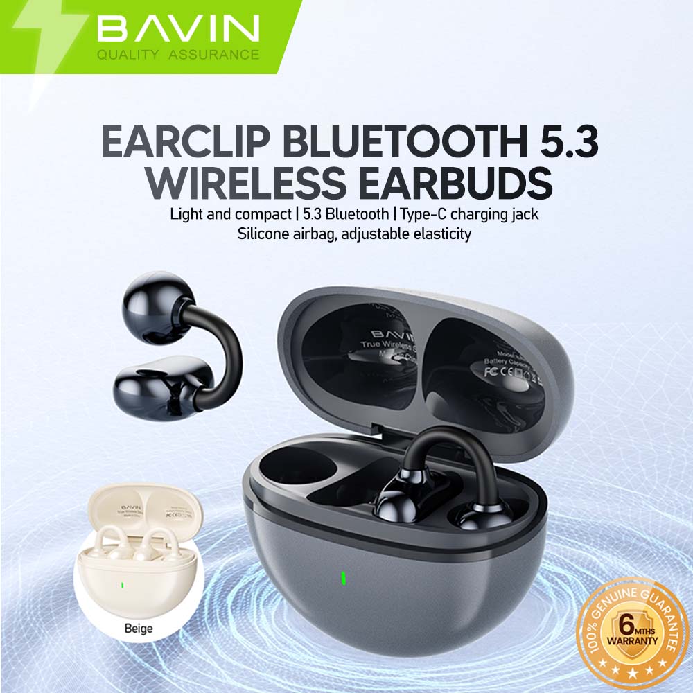 BAVIN HB-BA-89 TWS Ear Clip Bluetooth Earbuds w/ Silicone Clip, Long B
