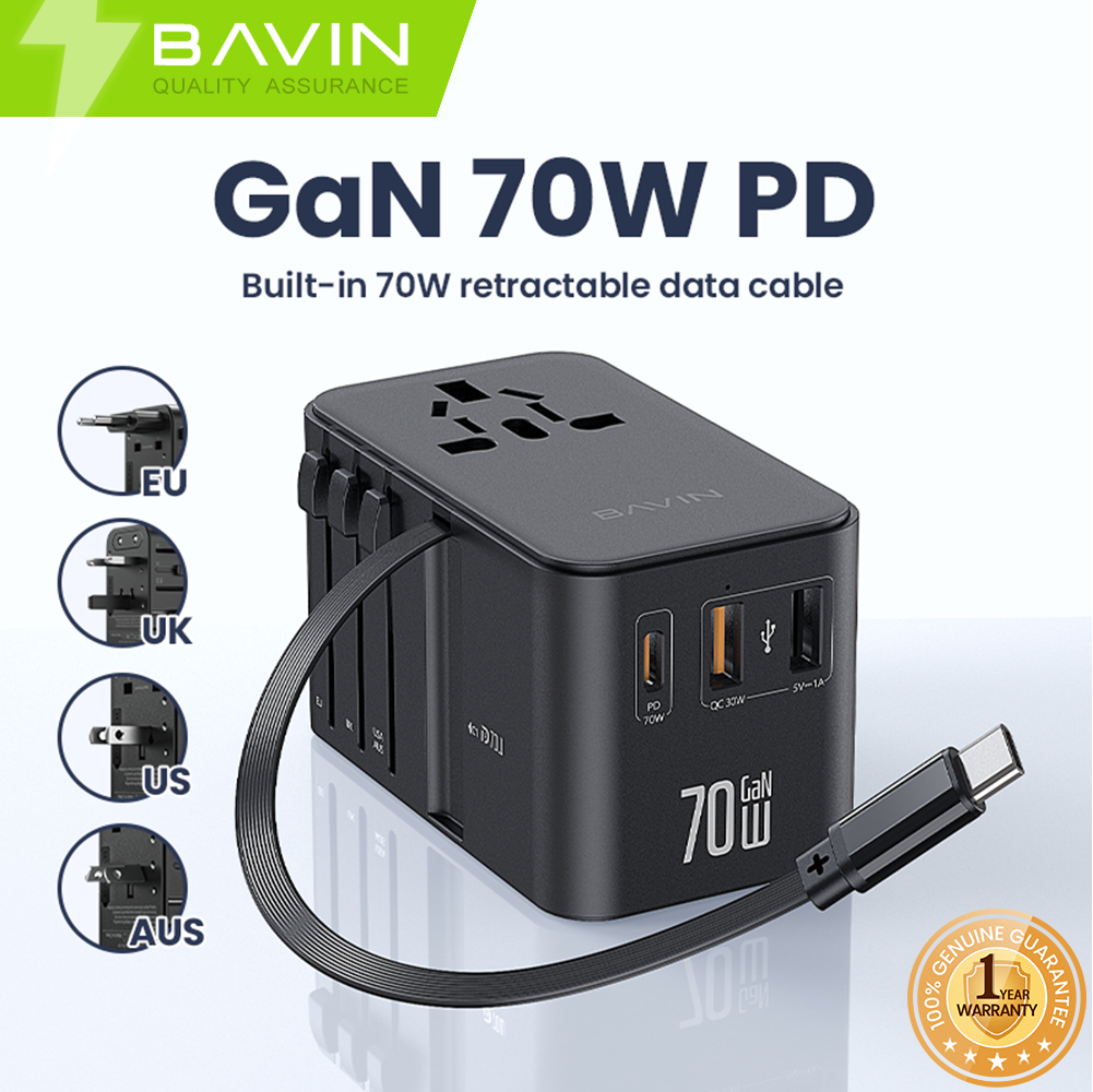 BAVIN C-PC2081 70W GaN Charging Adapter for Universal Plug & Multi-Port Charger w/ Retractable Type-C